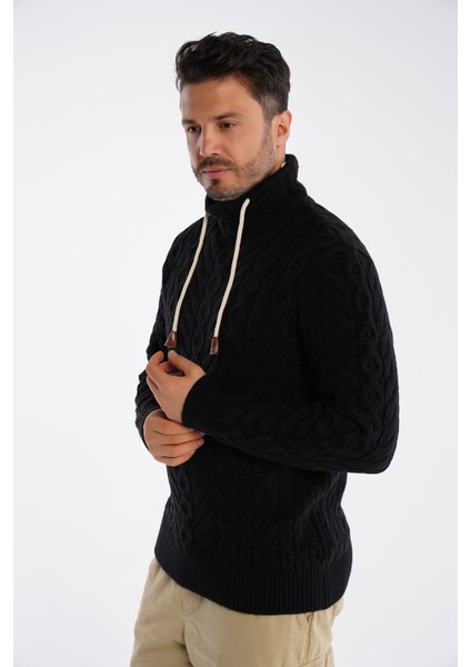 Siyah Erkek Boru Yaka Saç Örgülü Triko Yün Kazak TRIST-5322 fiyatları