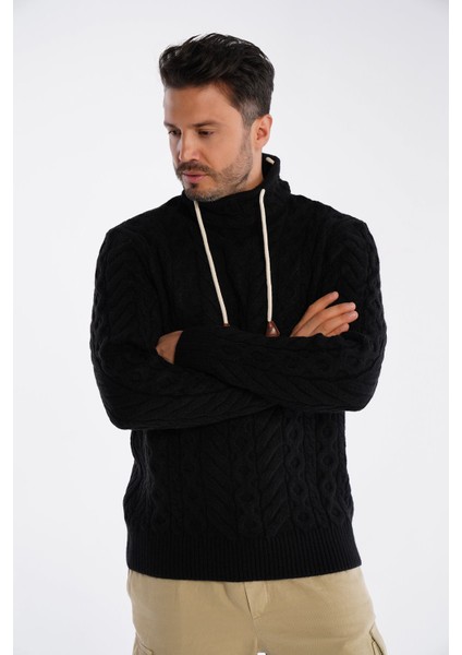 Siyah Erkek Boru Yaka Saç Örgülü Triko Yün Kazak TRIST-5322 modelleri