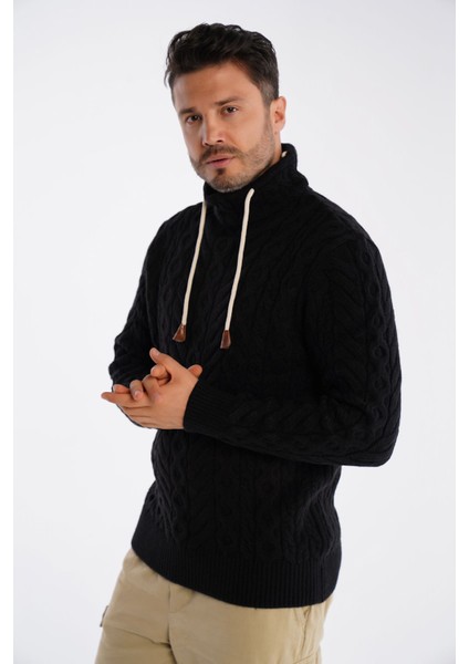 Siyah Erkek Boru Yaka Saç Örgülü Triko Yün Kazak TRIST-5322 fırsatları