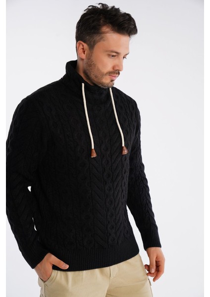 Siyah Erkek Boru Yaka Saç Örgülü Triko Yün Kazak TRIST-5322 indirimleri