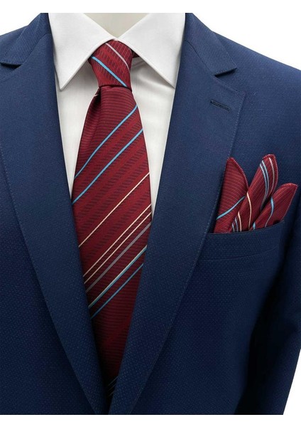 Bordo Mavi Bej Gri Çizgili Kravat Mendil Set