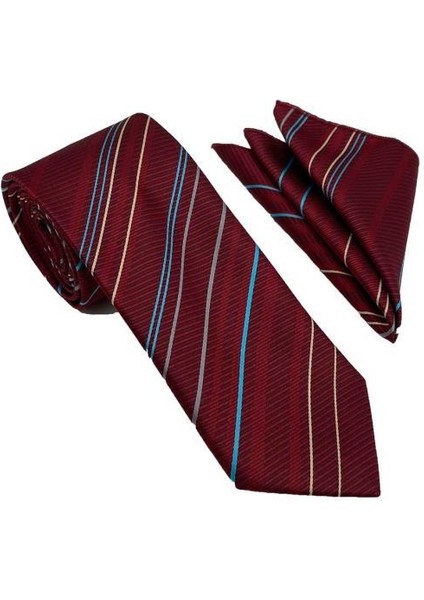 Bordo Mavi Bej Gri Çizgili Kravat Mendil Set fiyatları