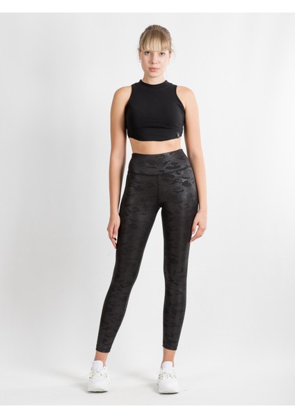 Kadın Siyah Yüksek Bel Toparlayıcı Kamuflaj Desenli Tayt