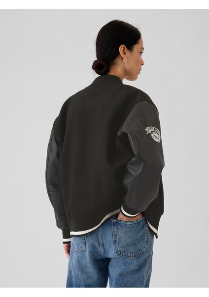 Kadın Siyah Yün Karışımlı Varsity Gap Logo Boyfriend Ceket indirimleri
