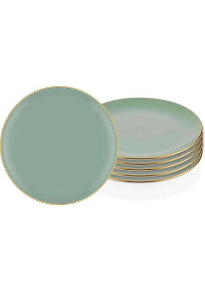 Pasta Tabağı 6lı Set Su Yeşili Basic Gold Detay  Porselen 19 Cm