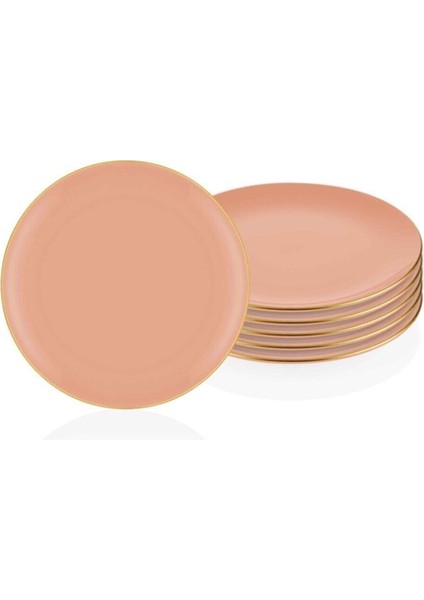 Pasta Tabağı 6lı Set Somon Basic Gold Detay Pembe Porselen 19 Cm