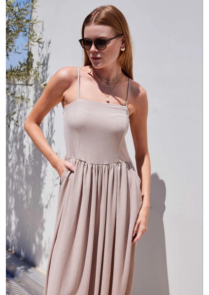 Kadın Krem Ayarlanabilir Askılı Paçası Lastikli Slopet Elbise HZL24S-BD124921