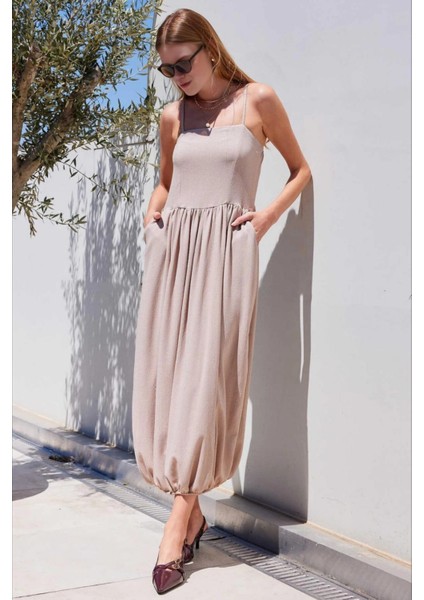 Kadın Krem Ayarlanabilir Askılı Paçası Lastikli Slopet Elbise HZL24S-BD124921 fiyatları