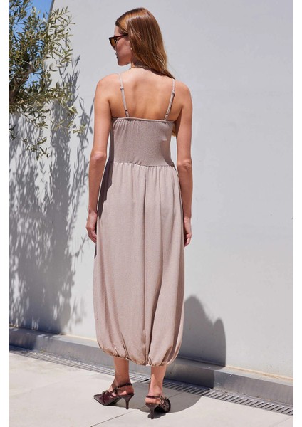 Kadın Krem Ayarlanabilir Askılı Paçası Lastikli Slopet Elbise HZL24S-BD124921 fırsatları