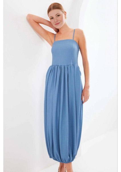 Kadın Mavi Ayarlanabilir Askılı Paçası Lastikli Slopet Elbise HZL24S-BD124921
