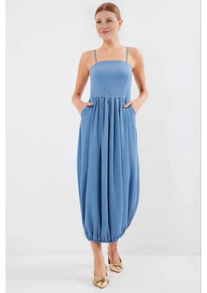 Kadın Mavi Ayarlanabilir Askılı Paçası Lastikli Slopet Elbise HZL24S-BD124921 modelleri
