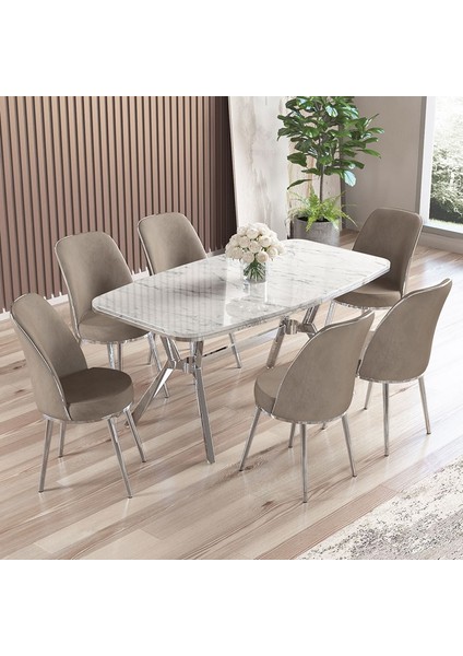 Lena Serisi 90 x 160 cm Lak Panel Beyaz Mermer Desen Krom Kaplama Ayaklı Masa Takımı Ve 6 Sandalye