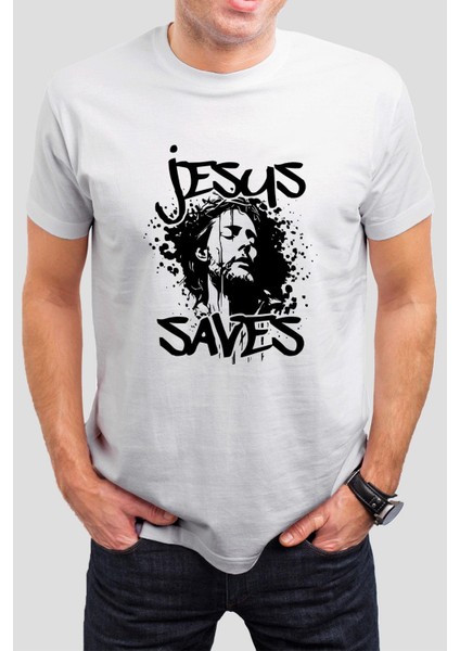 Jesus Saves Baskılı Beyaz Unisex T-Shirt C973