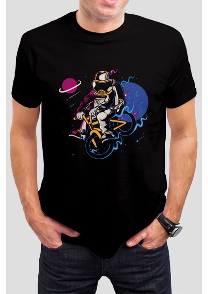 Bisikletli Astronot Baskılı Siyah Unisex T-Shirt C978