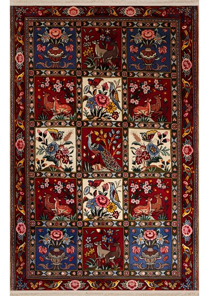 Bordo Temalı Çok Renkli Kare Bölme Geleneksel Çiçek Motif Desenli Vintage Dekoratif Halı 1947