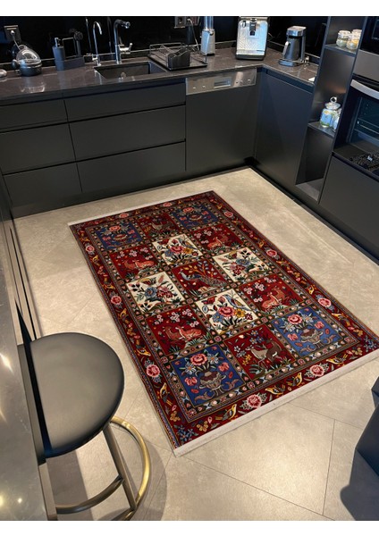 Bordo Temalı Çok Renkli Kare Bölme Geleneksel Çiçek Motif Desenli Vintage Dekoratif Halı 1947 fiyatları