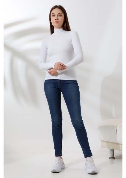 Yarım Balıkçı Yaka Uzun Kol Kaşkorse Bluz 20535 Beyaz