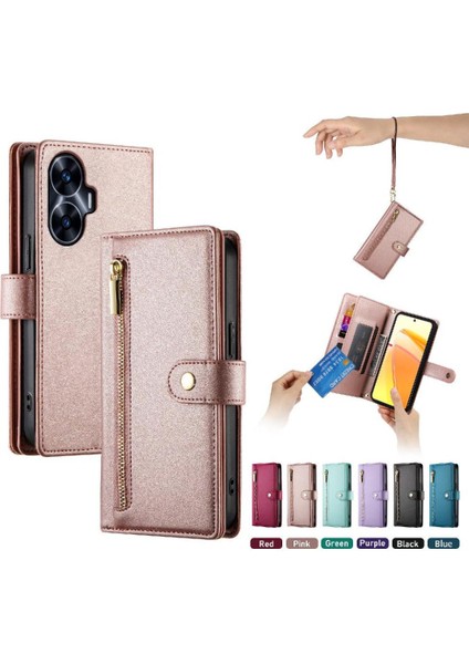 Realme C55 Kickstand Cüzdan Bölmesi Bilek Kayışı Kartı Için Flip Case (Yurt Dışından)