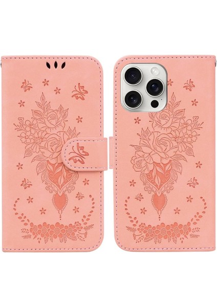 IPhone 16 Için Kılıf Pro Kart Yuvaları Flip Pu Deri Kapak Kabartma Gül Cüzdan (Yurt Dışından)