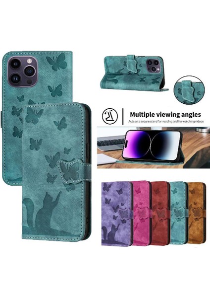 IPhone 16 Için Flip Case Pro Max Tutucu Kapak Çevirin Folio Kabartmalı Kedi (Yurt Dışından)