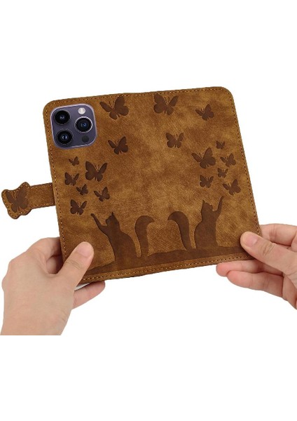 IPhone 16 Için Flip Case Pro Max Tutucu Kapak Çevirin Folio Kabartmalı Kedi (Yurt Dışından)