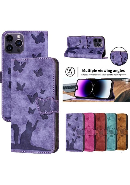 IPhone 16 Için Flip Case Pro Max Tutucu Kapak Çevirin Folio Kabartmalı Kedi (Yurt Dışından)