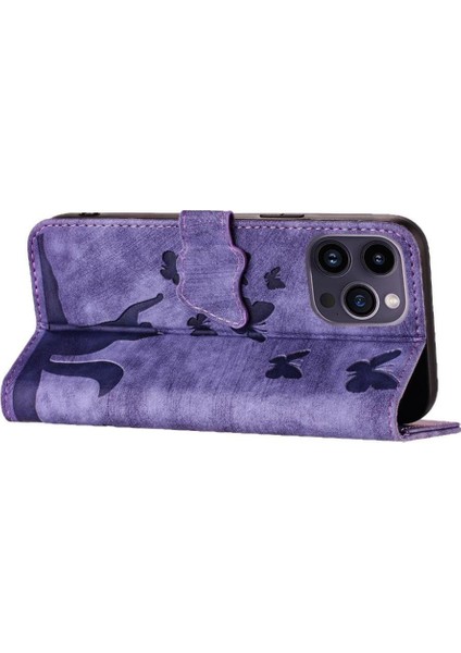 IPhone 16 Için Flip Case Pro Max Tutucu Kapak Çevirin Folio Kabartmalı Kedi (Yurt Dışından)