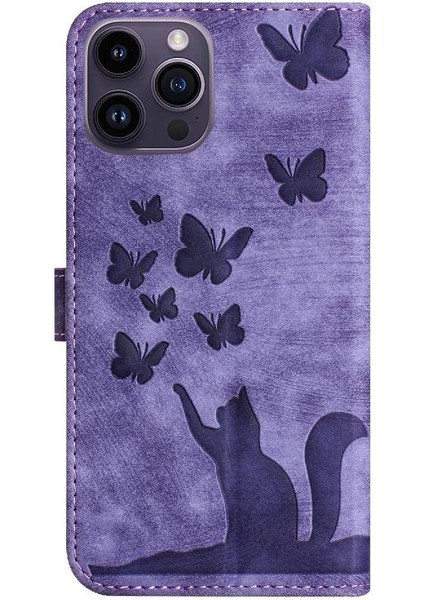 IPhone 16 Için Flip Case Pro Max Tutucu Kapak Çevirin Folio Kabartmalı Kedi (Yurt Dışından)