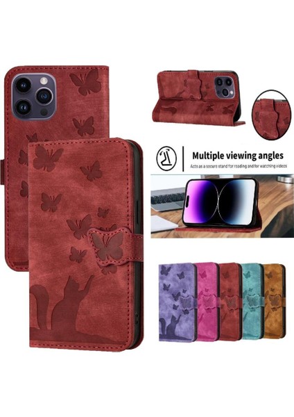 IPhone 16 Için Flip Case Pro Max Tutucu Kapak Çevirin Folio Kabartmalı Kedi (Yurt Dışından)