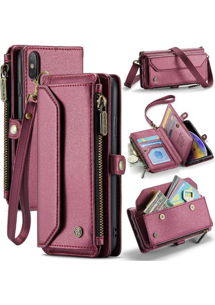 Iphone x Için Crossbody Durumda/xs Durumda Cüzdan Fermuar Faturaları Yuvası Kart Tutucu (Yurt Dışından)