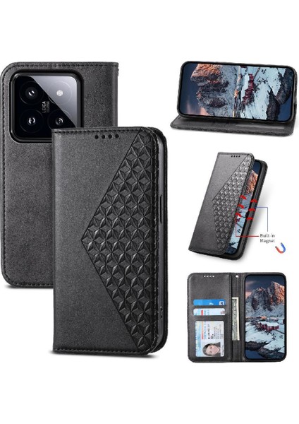 Xiaomi 14 Pro Için Flip Case El Kayışı Standı Eşkenar Dörtgen Şekli Günlük Kullanım Cüzdan (Yurt Dışından)