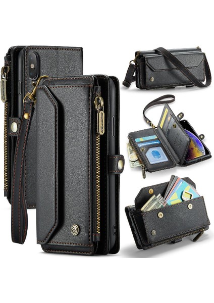 Iphone x Için Crossbody Durumda/xs Durumda Cüzdan Fermuar Faturaları Yuvası Kart Tutucu (Yurt Dışından)