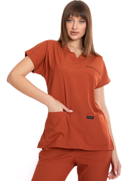 Premium Likralı Kiremit Hemşire Forması Cerrahi Takım, Scrubs Takım (Unisex)