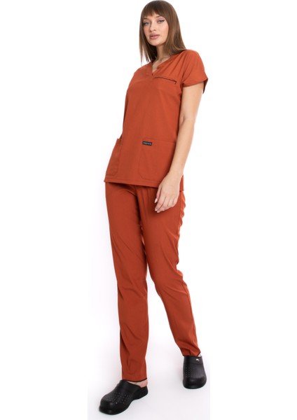 Premium Likralı Kiremit Hemşire Forması Cerrahi Takım, Scrubs Takım (Unisex) fırsatları