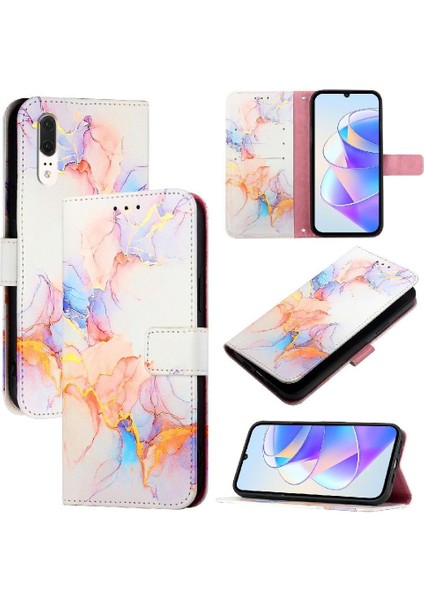 Huawei P20 Pu Deri Kickstand Mermer Desen Cüzdan Için Kılıf (Yurt Dışından)