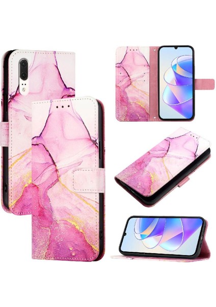 Huawei P20 Pu Deri Kickstand Mermer Desen Cüzdan Için Kılıf (Yurt Dışından)