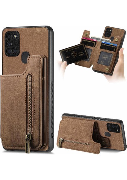 Samsung Galaxy A21S Için Kılıf Vintage Fermuar Cüzdan Standı Fonksiyonu Katlanabilir (Yurt Dışından)