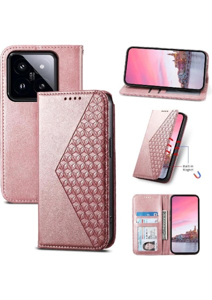 SZY Mall Xiaomi 14 Pro Için Flip Case El Kayışı Standı Eşkenar Dörtgen Şekli Günlük Kullanım Cüzdan (Yurt Dışından)