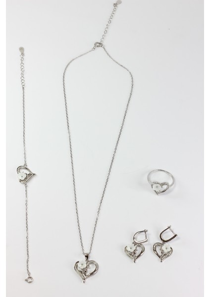Taşlı Çiçekli Kalp Set 925 Ayar Gümüş