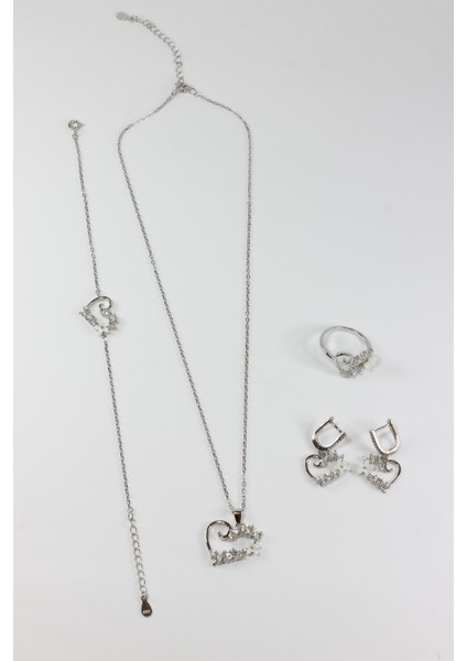 Taşlı Papatya Kalp Set 925 Ayar Gümüş