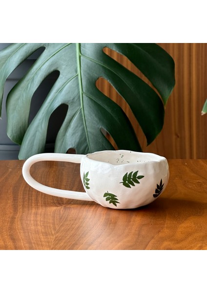 Stoneware Seramik El Yapımı Bitkisel Yaprak Desenli Fincan