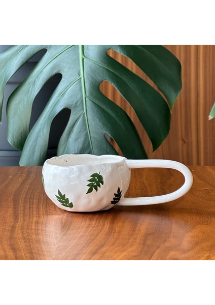 Stoneware Seramik El Yapımı Bitkisel Yaprak Desenli Fincan