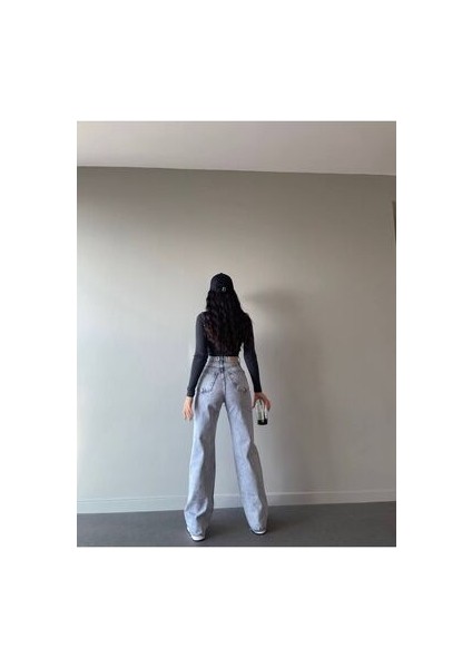 Zero Max Love Mavi Likralı Bol Paça Jean - Salaş Wide Leg Kot Pantolon (Süper Yüksek)