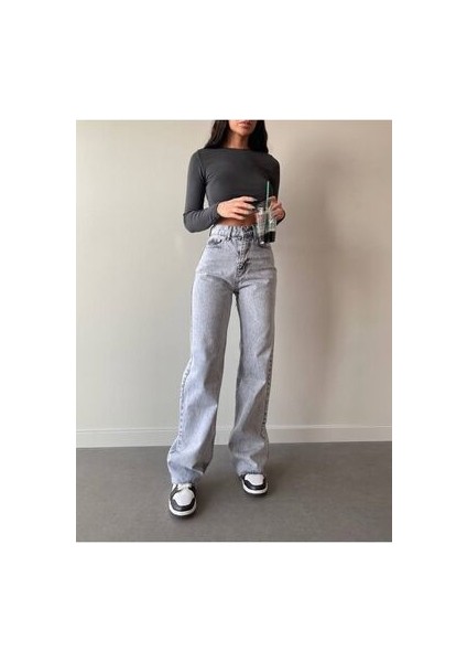Zero Max Love Mavi Likralı Bol Paça Jean - Salaş Wide Leg Kot Pantolon (Süper Yüksek)