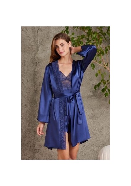 Saten Dörtlü Gelin Çeyiz Seti 7015 - Lacivert