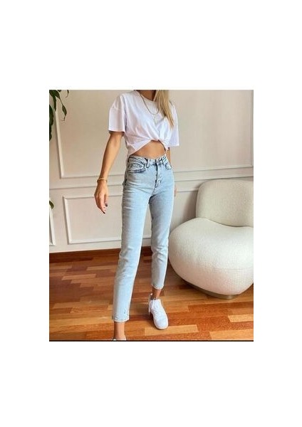 Leo 90's Dora Kar Yıkama Mom Kot Pantolon Mavi (1 Beden Büyük Alın )