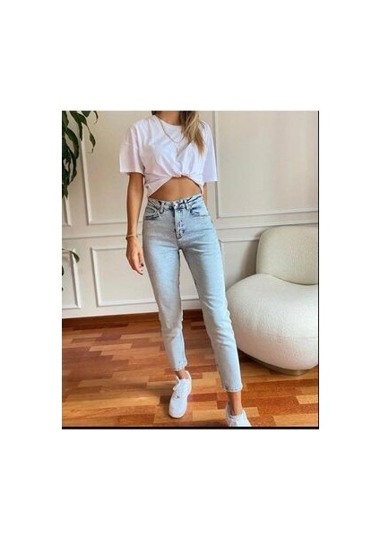 Leo 90's Dora Kar Yıkama Mom Kot Pantolon Mavi (1 Beden Büyük Alın )