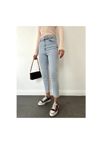 Leo 90's Dora Penelope Mavi Mom Kot Pantolon Likralı Yüksek Bel Mavi Kar Yıkamalı Mom Jeans