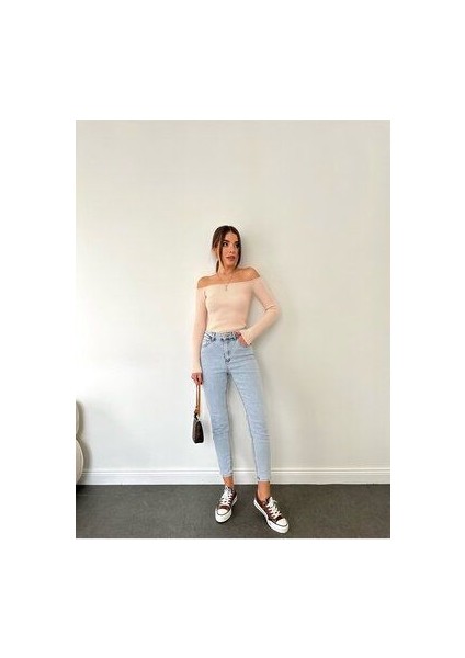 Leo 90's Dora Penelope Mavi Mom Kot Pantolon Likralı Yüksek Bel Mavi Kar Yıkamalı Mom Jeans