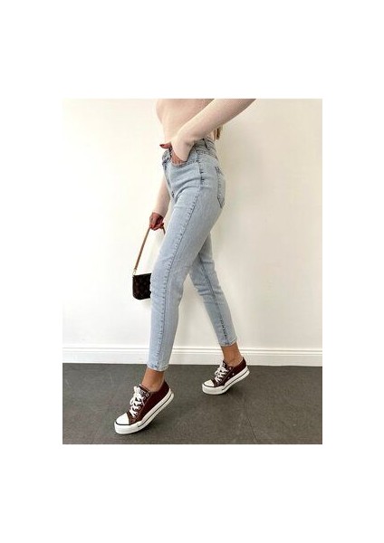 Leo 90's Dora Penelope Mavi Mom Kot Pantolon Likralı Yüksek Bel Mavi Kar Yıkamalı Mom Jeans